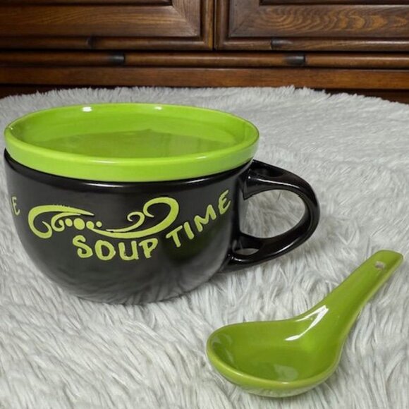 NWOT Soup Time Lime Green Black Soup Snack Tray Top Ceramic Mug with Spoon - Picture 10 of 12